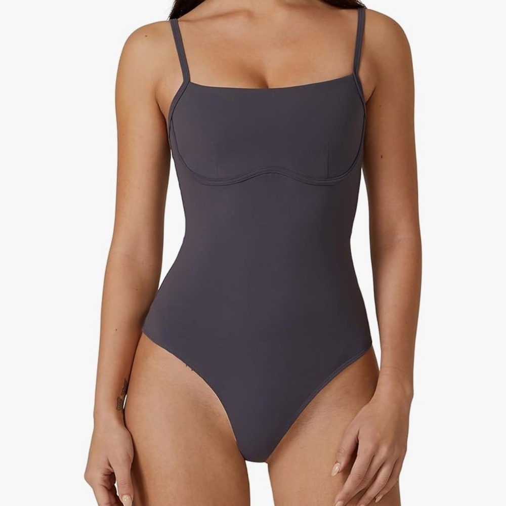 Qinsen Spaghetti Strap Contour Bust Thong Bodysuit NWOT